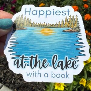 Happiest at the Lake With a Book Sticker Trees Water