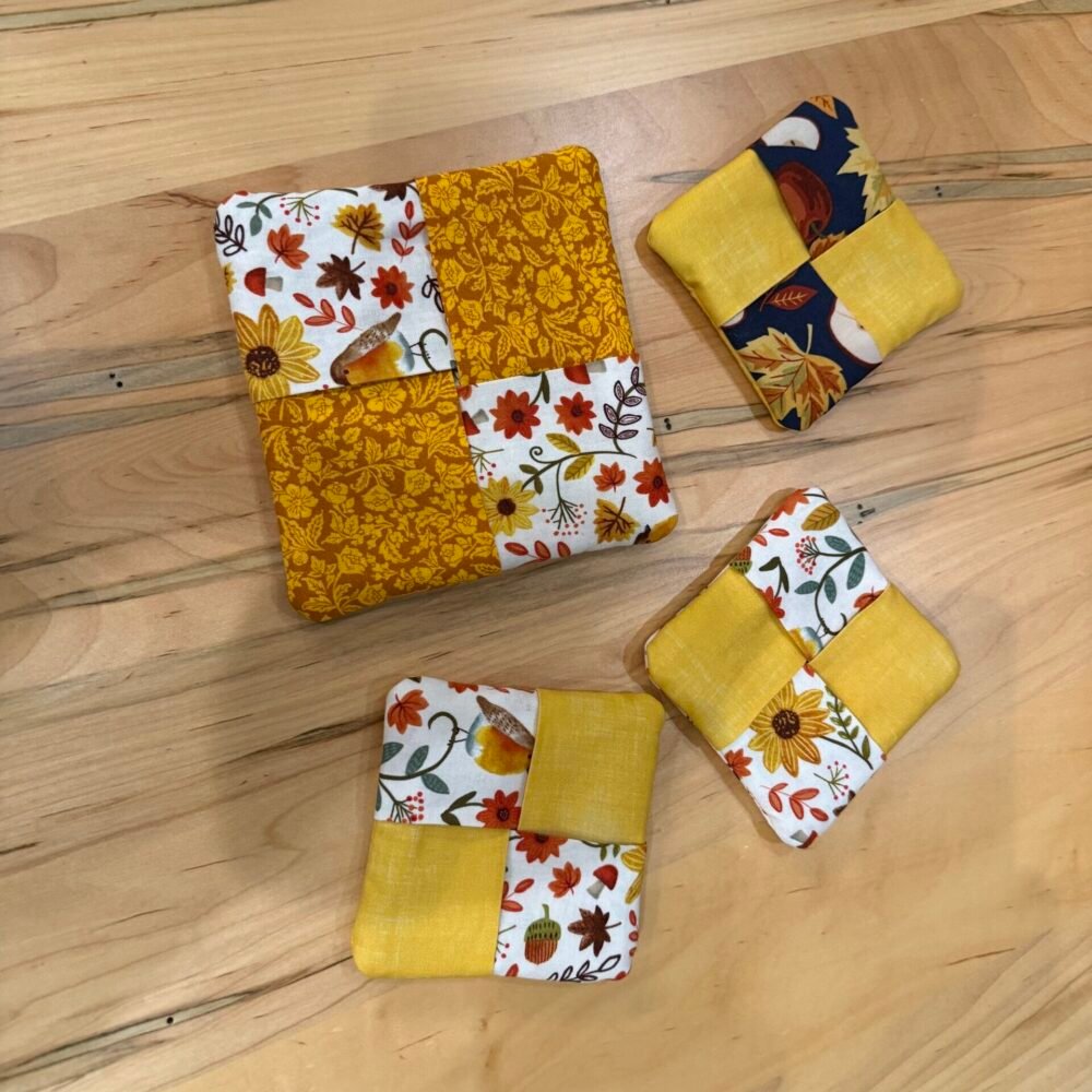 Handmade sewn fabric Mug Rug and Coasters